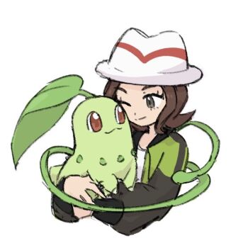 1girl ;) brown_hair chikorita eyelashes gen_2_pokemon harmony_(pokemon) hat holding holding_pokemon jacket long_sleeves medium_hair nintendo one_eye_closed open_clothes open_jacket plant pokemon pokemon_(creature) pokemon_legends:_z-a shirt simple_background smile split_mouth vines white_background white_hat white_shirt xlii_idk