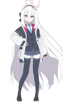 Rule 34 | 1girl, armored omochi, black hairband, black jacket, black shoes, black skirt, black thighhighs, blue archive, blue necktie, closed mouth, collared shirt, commentary request, full body, hair between eyes, hairband, halo, hand on own hip, highres, jacket, kei (blue archive), kei (new body) (blue archive), long hair, long sleeves, looking at viewer, necktie, open clothes, open jacket, pink eyes, pleated skirt, shirt, shoes, sidelocks, simple background, sketch, skirt, solo, standing, thighhighs, very long hair, white background, white jacket, white shirt