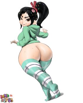 1girl absurdres aged_up ass black_hair breasts brown_eyes commentary green_sweater green_thighhighs grin hair_ornament highres hood hooded_sweater huge_ass large_breasts licorice_(food) long_hair namespace ponytail shortstack smile solo sweat sweater thick_eyebrows thick_thighs thighhighs thighs vanellope_von_schweetz wreck-it_ralph