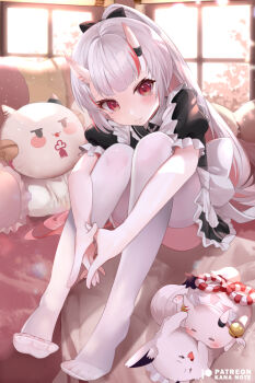 1girl alternate_costume animal black_bow blush bow character_pillow colored_inner_hair dress enmaided feet frilled_dress frills fubuchun hair_bow hair_ribbon hololive horn_ornament horn_ribbon horns indoors interlocked_fingers knees_to_chest leaning_forward long_hair looking_at_viewer maid mujinbensin multicolored_hair nakiri_ayame no_shoes ponytail poyoyo_(nakiri_ayame) red_eyes red_hair ribbon see-through_clothes see-through_legwear short_sleeves sitting skin-covered_horns smile solo streaked_hair thighhighs thighs toes virtual_youtuber white_hair white_thighhighs window