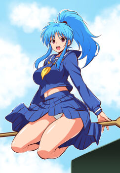 1girl blue_hair blue_serafuku blue_shirt blue_skirt botan_(yu_yu_hakusho) breasts clothes_lift cloud death_(entity) female_focus flying gabao_(mattari_2019) grim_reaper high_ponytail long_hair long_sleeves looking_at_viewer medium_breasts neckerchief oar open_mouth panties pantyshot pleated_skirt ponytail purple_eyes sailor_collar school_uniform serafuku shirt shirt_lift sitting skirt skirt_lift sky solo thighs underwear white_panties wind wind_lift yuu_yuu_hakusho