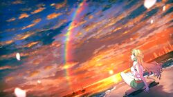 Rule 34 | 1girl, absurdres, akroglam, beach, blonde hair, blue shorts, closed mouth, cloud, cloudy sky, commentary request, earrings, eno (akroglam), evening, full body, highres, horizon, jewelry, long hair, looking up, natsuharu, ocean, official art, outdoors, profile, rainbow, second-party source, shirt, shorts, sitting, sky, solo, sun, sunset, water, white shirt, yellow eyes