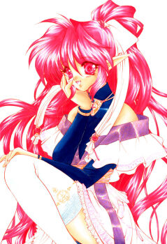 Rule 34 | 1girl, bad id, black shirt, black sleeves, bow, cyowa, detached sleeves, dress, feet out of frame, hair bow, halter shirt, halterneck, hand on own face, hand on own knee, hand up, jewelry, knee up, long hair, necklace, open mouth, original, pointy ears, ponytail, red eyes, red hair, sash, shirt, simple background, sitting, sleeveless, sleeveless shirt, smile, solo, very long hair, white background, white bow, white dress, yellow sash