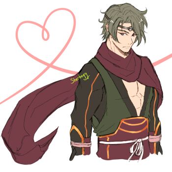 Rule 34 | 1boy, arm blade, fire emblem, fire emblem fates, green hair, highres, japanese clothes, kaze (fire emblem), male focus, mask, mouth mask, ninja, ninja mask, nintendo, purple eyes, purple scarf, scarf, sherbeyy, short hair, solo, weapon
