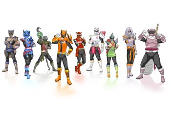 2girls 6+boys armor artist_logo artist_name black_bodysuit blue_armor blue_helmet bodysuit brown_armor brown_helmet choumei_(naruto) colored_shadow crossed_arms crossover fuu_(naruto) gaara_(naruto) gloves green_armor green_helmet grey_helmet gyuuki_(naruto) han_(naruto) hand_on_own_hip helmet highres isobu_(naruto) karatachi_yagura killer_bee kokuou_(naruto) kuji-in kurama_(naruto) logo matatabi_(naruto) multiple_boys multiple_girls naruto_(series) naruto_shippuuden nii_yugito orange_armor orange_helmet pointing pointing_at_self pointing_with_thumb power_armor red_armor red_helmet roushi_(naruto) saiken_(naruto) shadow shukaku_(naruto) simple_background son_gokuu_(naruto) super_sentai sword sword_on_back to_ze tokusatsu utakata_(naruto) uzumaki_naruto weapon weapon_on_back white_armor white_background white_gloves white_helmet