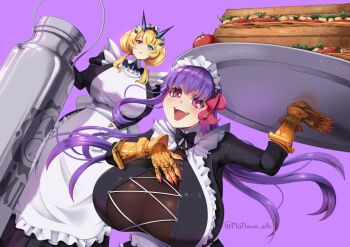 2girls apron barghest_(fate) barghest_(swimsuit_archer)_(second_ascension)_(fate) blonde_hair breasts canister claw_(weapon) fate/grand_order fate_(series) food gigantic_breasts green_eyes hand_on_own_chest happy heterochromia highres huge_breasts laces leaning_forward long_sleeves looking_at_viewer maid maid_apron maid_headdress matheuus_arts multiple_girls o-ring open_mouth oversized_food oversized_object passionlip_(fate) pink_eyes plate purple_background purple_hair red_eyes sandwich simple_background smile standing weapon white_apron wide_brim