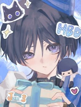 Rule 34 | 1boy, alternate headwear, black bodysuit, blue cape, blue hat, blue pupils, blunt ends, blush, bodysuit, box, cape, character name, closed mouth, commentary request, dated, doll on shoulder, eyelashes, eyeliner, eyeshadow, genshin impact, gift, gift box, gold ring, hair intakes, happy birthday, hat, head tilt, heart, highres, holding, holding gift, japanese clothes, kimono, makeup, male focus, mandarin collar, middle ring, nrm ron, party hat, portrait, purple eyes, red eyeliner, red eyeshadow, scaramouche (cat) (genshin impact), scaramouche (genshin impact), solo, star (symbol), tsurime, twitter username, uneven eyes, wanderer (genshin impact), watermark, white kimono, white sleeves, wispy bangs