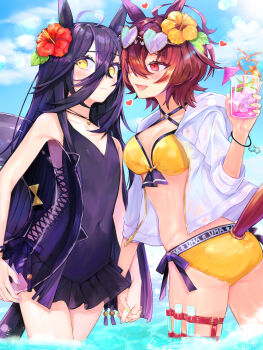 2girls :d agnes_tachyon_(umamusume) ahoge animal_ears bare_shoulders bikini black_hair black_one-piece_swimsuit blue_sky breasts brown_hair carrying carrying_under_arm casual_one-piece_swimsuit cleavage closed_mouth clothing_cutout cloud crazy_straw cup day drink drinking_glass drinking_straw eyewear_on_head flower frilled_one-piece_swimsuit frills hair_between_eyes hair_flower hair_ornament heart heart-shaped_eyewear heart_straw hibiscus highres holding holding_cup holding_hands hood hood_down hooded_jacket horse_ears horse_girl horse_tail ice ice_cube innertube interlocked_fingers jacket long_hair manhattan_cafe_(umamusume) medium_breasts multicolored_hair multiple_girls nail_polish nochatea one-piece_swimsuit open_clothes open_jacket open_mouth outdoors red_eyes red_flower short_hair sky smile sunglasses swim_ring swimsuit tail tail_through_clothes transparent twisted_torso two-tone_hair umamusume very_long_hair vial wading water wavy_mouth white_hair white_jacket yellow_bikini yellow_eyes yellow_flower yellow_nails yuri