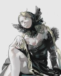 Rule 34 | bare shoulders, black dress, black hood, blonde hair, breasts, detached hood, detached sleeves, dress, dungeon meshi, ear covers, elf, green eyes, highres, kanji (nievart), long hair, looking at viewer, marcille donato, marcille donato (lord), official alternate costume, pointy ears, white background