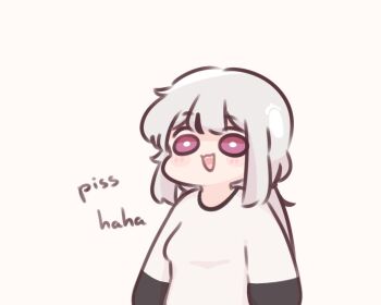 1girl :d artist_self-insert black_hair blush_stickers breasts brown_background chibi chonkyorca commentary english_text grey_hair long_hair long_sleeves medium_breasts multicolored_hair open_mouth orca_(chonkyorca) original puffy_long_sleeves puffy_sleeves purple_eyes shirt simple_background smile solo streaked_hair symbol-only_commentary upper_body very_long_hair white_shirt