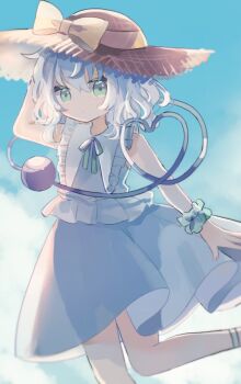 1girl blue_sky blush bow cloud cloudy_sky collared_shirt dress eyeball green_eyes grey_hair hat hat_bow hat_ribbon heart heart_of_string hiyuu_(hiyualice) komeiji_koishi looking_at_viewer outdoors ribbon shirt short_hair sky solo third_eye touhou white_dress yellow_ribbon