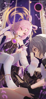 bare_shoulders black_footwear black_sun bow-shaped_hair breasts feet femdom foot_focus forehead_jewel fu_xuan_(honkai:_star_rail) grey_hair hair_ornament hair_rings hair_stick high_heels highres honkai:_star_rail honkai_(series) icecake jacket jewelry low_twintails medium_breasts pantyhose pink_eyes pink_hair purple_rope rope shoes smelling smelling_feet soles sun tassel thighhighs toes trailblazer_(honkai:_star_rail) twintails white_thighhighs yuri