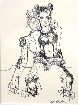 1girl 1other birthmark braid butterfly_ornament commentary cone_hair_bun crop_top double_bun english_commentary greyscale hair_bun highres joestar_birthmark jojo_no_kimyou_na_bouken kuujou_jolyne midriff monochrome multicolored_hair navel official_art pants second-party_source sketch stand_(jojo) stone_free stone_ocean sunglasses swept_bangs tattoo traditional_media two-tone_hair