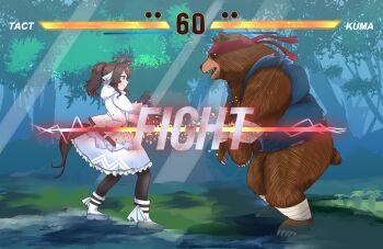 Rule 34 | 1girl, ahoge, animal, animal ears, bear, blue eyes, blush, brown hair, claws, commentary request, daring tact (umamusume), fake screenshot, fangs, fighting stance, hair between eyes, hair ornament, headband, health bar, highres, horse ears, horse girl, horse tail, ikazaemon (ten oto), jungle, kuma (tekken), long hair, nature, open mouth, parody, smile, standing, tail, tekken, tekken 8, torn clothes, torn sleeves, umamusume