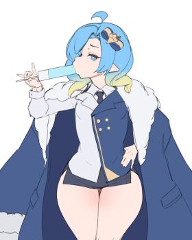 1girl :o absurdres ahoge aqua_eyes aqua_hair asia_(trickcal) black_necktie blonde_hair bow buttons coat coat_on_shoulders facing_viewer food gradient_hair gya_rb hair_bow hand_on_own_hip hand_up highres holding holding_food holding_ice_cream ice_cream long_sleeves looking_at_viewer multicolored_hair necktie pinky_out pointy_ears sexually_suggestive shirt sideways_glance simple_background solo standing trickcal white_background white_shirt wide_hips