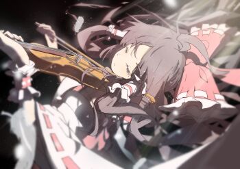 1girl absurdres bow bow_(music) brown_hair chinese_commentary closed_eyes commentary_request detached_sleeves facing_viewer frilled_bow frilled_hair_tubes frills hair_bow hair_tubes hakurei_reimu highres holding holding_bow_(music) holding_instrument holding_violin instrument long_hair music playing_instrument red_bow ribbon-trimmed_sleeves ribbon_trim solo t0nys touhou violin wrist_cuffs