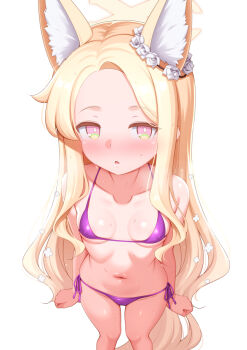 1girl animal_ear_fluff animal_ears bare_shoulders bikini blonde_hair blue_archive blush breasts flower forehead fox_ears hair_flower hair_ornament halo highres loli long_hair looking_at_viewer micro_bikini navel open_mouth parted_bangs purple_bikini seia_(blue_archive) sidelocks small_breasts solo swimsuit tail thighs yellow_eyes zirba