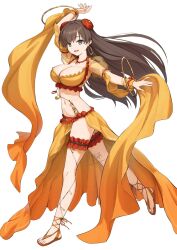 1girl arabian_clothes armband belly_chain blue_eyes bra breasts brown_hair choker choker_jewel cleavage cross-laced_sandals dancer dancing earrings fate/grand_order fate_(series) flower frilled_bra frilled_panties frilled_thigh_strap frills from_side full_body hair_flower hair_ornament highres hoop hoop_earrings jewelry kamo_ashi large_breasts long_hair looking_at_viewer mata_hari_(fate) navel open_mouth orange_bra orange_panties orange_sandals orange_sarong orange_sleeves orange_veil panties pom_pom_(clothes) puffy_short_sleeves puffy_sleeves red_armband red_choker red_flower red_straps revealing_clothes sandals sarong see-through_clothes see-through_sleeves short_sleeves simple_background smile solo thigh_strap thighs turning_head type-moon underwear veil white_background wrist_bow wrist_cuffs