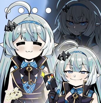 ... 1girl :3 =_= absurdres ahoge black_dress black_gloves black_ribbon blue_dress blue_eyes blue_hairband buttons checkered_clothes checkered_dress checkered_hairband closed_mouth coat_dress commentary credit_card dress female_tyrant_(stella_sora) gloves grey_hair hair_ornament hairband highres huge_ahoge jewelry key key_necklace layered_dress long_hair mixed-language_commentary multiple_expressions multiple_views neck_ribbon necklace pointy_ears ribbon serious sleepyowl_(jobkung15) smile smug stella_sora twitter_username tyrant_(stella_sora) upper_body very_long_hair