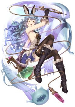 1girl absurdres animal_ears bare_shoulders black_boots black_gloves black_thighhighs blue_hair boots breasts brown_eyes commentary_request daiz1213 erune ferry_(granblue_fantasy) full_body gloves granblue_fantasy high_heel_boots high_heels highres holding holding_weapon holding_whip knee_boots long_hair looking_at_viewer open_mouth serious sideboob simple_background solo thighhighs weapon whip white_background