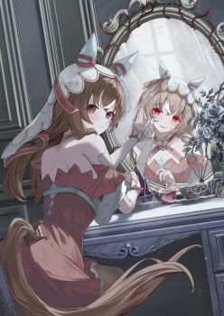 1girl absurdres animal_ears breasts brown_hair different_reflection ear_covers highres horse_ears horse_girl horse_tail red_eyes reflection small_breasts solo still_in_love_(umamusume) taikoi7 tail umamusume veil white_veil yandere yandere_trance