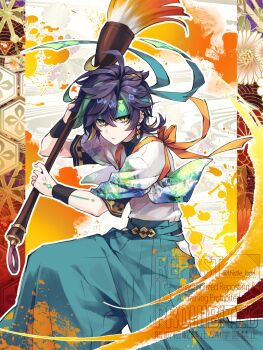 1boy alternate_costume armband black_armband black_hair commentary_request earrings frown genshin_impact green_eyes green_hairband green_pants hairband hakama hakama_pants highres holding holding_brush japanese_clothes jewelry kikkoumon kinich_(genshin_impact) looking_at_viewer male_focus orange_background pants patterned_background red_background seigaiha shirt solo thistle_lapis watermark white_shirt