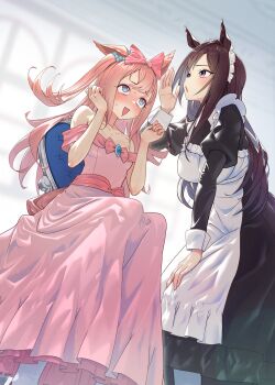 Rule 34 | 2girls, agnes digital (umamusume), alternate costume, animal ears, apron, bare shoulders, black dress, black hair, blue eyes, bow, chair, commentary request, dress, enmaided, frilled straps, hair bow, highres, horse ears, horse girl, juliet sleeves, long sleeves, maid, maid apron, maid headdress, mejiro dober (umamusume), multiple girls, nabe puyo, off-shoulder dress, off shoulder, on chair, one ear down, pink bow, pink dress, pink hair, pink tail, puffy sleeves, sitting, strapless, strapless dress, umamusume, whispering in ear, white apron
