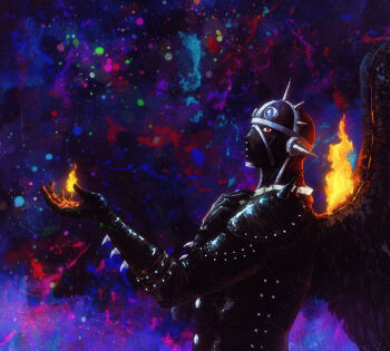 Rule 34 | 1boy, absurdres, album-aurum, arm spikes, black gloves, black wings, dark background, fire, frilled shirt collar, frills, full mask, gimp mask, gimp suit, gloves, goggles, goggles on head, highres, jacket, king (one piece), leather, leather gloves, leather jacket, leather mask, looking at viewer, male focus, mask, one piece, profile, red eyes, shoulder spikes, solo, spikes, upper body, wings