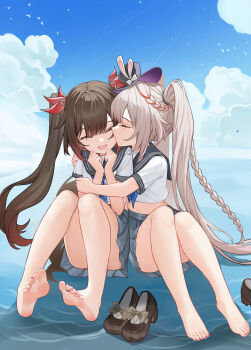 Rule 34 | 1girl, 2girls, ^ ^, absurdres, alternate costume, barefoot, black hat, brown hair, closed eyes, cloud, cloudy sky, commentary request, facial mark, feet, grey skirt, hair between eyes, hair intakes, happy, hat, highres, honkai: star rail, honkai (series), kiss, kissing cheek, lao xi, long hair, mini hat, mini top hat, multiple girls, navel, open mouth, outdoors, pleated skirt, school uniform, shirt, shoes, short sleeves, sitting, skirt, sky, smile, sparkle (honkai: star rail), sparxie (honkai: star rail), top hat, twintails, very long hair, water, white hair, white shirt, yuri