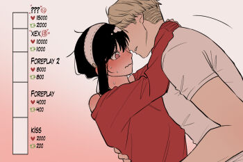 1boy 1girl black_hair blonde_hair blush breasts dress earrings gold_earrings hairband hetero husband_and_wife jewelry large_breasts long_hair long_sleeves open_mouth red_eyes shirt short_hair sidelocks siro666b spy_x_family twilight_(spy_x_family) white_hairband yor_briar