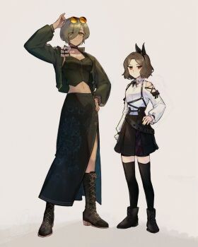 2girls alternate_costume ankle_boots arm_at_side arm_up artist_name bare_shoulders black_boots black_bow black_choker black_hairband black_shirt black_shorts black_skirt black_thighhighs blue_nails boots bow bow_hairband bowtie brown_hair choker closed_mouth crop_top cross-laced_clothes cross-laced_sleeves dark-skinned_female dark_skin earrings ebizuka_tomo eyes_visible_through_hair eyewear_on_head frilled_sleeves frills full_body ghlejr girls_band_cry green_eyes green_hair green_jacket hair_between_eyes hairband hand_on_own_hip hashtag-only_commentary holding holding_plectrum jacket jewelry lace-up_boots long_sleeves looking_at_viewer midriff multicolored_nails multiple_girls nail_polish navel off-shoulder_shirt off_shoulder open_clothes open_jacket orange-tinted_eyewear orange_nails parted_bangs plectrum red_eyes round_eyewear rupa_(girls_band_cry) shirt short_hair shorts shorts_under_skirt side_slit simple_background single_earring skirt smile standing sunglasses thighhighs tinted_eyewear twitter_username white_background white_shirt