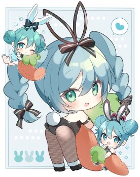 3girls :d animal_ear_hairband animal_ears aqua_eyes aqua_hair aqua_shoes ass bicute_bunnies_miku bicute_bunnies_miku_(kuroboshi) bicute_bunnies_miku_(rurudo) bicute_bunnies_miku_(white_bunny) black_hairband black_leotard black_pantyhose black_shoes blush bow braid bun_with_braided_base carrot chibi chibi_only commentary_request double_bun fake_animal_ears fake_tail fishnet_pantyhose fishnets hair_between_eyes hair_bow hair_bun hairband hatsune_miku heart highres leotard long_hair looking_at_viewer looking_back multiple_girls open_mouth pantyhose playboy_bunny rabbit_ear_hairband rabbit_ears rabbit_tail shoes smile speech_bubble tail twin_braids vocaloid white_pantyhose yuni_(irohasuiroiro)