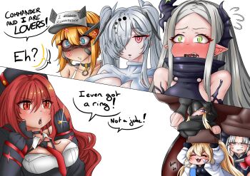 6+girls absurdres anger_vein angry armored_bodysuit armored_leotard armpit_cutout bandaid bandaid_on_cheek bandaid_on_face bandolier bare_shoulders belt beret black_choker black_cloak black_gloves black_hat black_horns black_leotard black_liquid blonde_hair blue_eyes blush bodysuit breasts broken_mask buffering choker cinderella_(nikke) cleavage cleavage_cutout cloak clothing_cutout coat drake_(nikke) english_text expressionless fang fangs flustered flying_sweatdrops forehead full-face_blush fur_trim gloves goddess_of_victory:_nikke gradient_necktie grave_(nikke) green_eyes grey_hair hair_between_eyes hair_over_one_eye hat highres hood hood_up horns idw_shikikan jacket laplace_(nikke) large_breasts leg_cutout leotard leviathan_(nikke) liquid_clothes loading_icon long_hair looking_at_viewer mask matis_(nikke) maxwell_(nikke) multiple_girls necktie official_alternate_design official_alternate_hair_color one_eye_covered open_mouth piercing pointy_ears pouch rapi_(nikke) rapi_(red_hood)_(nikke) red_eyes red_hair red_necktie see-through_clothes shaded_face shiny_eyes short_hair short_hair_with_long_locks sidelocks small_breasts smile spinning sports_bra tactical_clothes tongue_piercing torn_cloak torn_clothes twintails very_long_hair visor_cap wavy_mouth white_bodysuit white_coat white_hair white_sports_bra