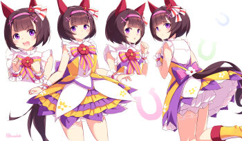 Rule 34 | 1girl, absurdres, animal ears, blush, boots, bow, brown hair, closed mouth, commentary request, dress, ear covers, hair ornament, hairband, highres, horse ears, horse girl, horse tail, kanzakietc, looking at viewer, multiple views, nishino flower (tiered petal) (umamusume), nishino flower (umamusume), open mouth, pink hairband, purple eyes, short hair, sleeveless, sleeveless dress, smile, tail, umamusume, wrist cuffs, x hair ornament, yellow boots, yellow dress