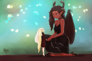 2018 black_dress black_hair blonde_hair breasts circlet cleavage colored_skin dress eye_contact full_body high_heels holding_hands horns little_viktoria looking_at_another medium_breasts medium_dress on_one_knee original red_eyes red_skin signature size_difference standing watermark web_address wings yuri