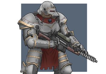 Rule 34 | 1boy, absurdres, armor, bascinet, bolt action, border, brotherhood of steel, fallout, grey background, gun, highres, latin text, loincloth, looking to the side, plate armor, power armor, power armor (fallout), railgun, rifle, scope, sniper rifle, srtdrawart, trigger discipline, weapon, white border