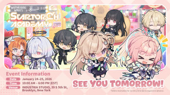 >_< 2boys 6+girls aemeath_(wuthering_waves) black_hair black_skirt blonde_hair breasts chisa_(wuthering_waves) commentary cookie cup drinking dual_persona english_commentary english_text female_rover_(wuthering_waves) food grey_hair hair_over_one_eye highres holding holding_cup logo long_hair luuk_herssen_(wuthering_waves) lynae_(wuthering_waves) male_rover_(wuthering_waves) medium_breasts mornye_(wuthering_waves) mouth_hold multiple_boys multiple_girls official_art open_mouth orange_hair pink_hair ponytail red_eyes rover_(wuthering_waves) sigrika_(wuthering_waves) skirt smile wuthering_waves yellow_eyes