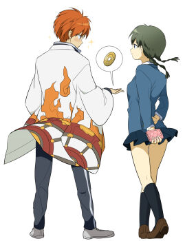 Rule 34 | 1boy, 1girl, blush, braid, grey hair, haori, highres, japanese clothes, kyoukai no rinne, long hair, mamiya sakura, orange eyes, orange hair, pants, purple eyes, rokudou rinne, school uniform, shoes, short hair, skirt, smile, socks, sparkle, twintails