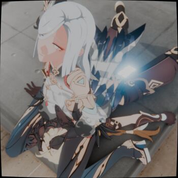 Rule 34 | 1boy, 1girl, 3d, aether (genshin impact), assertive female, b-banto, bare shoulders, blonde hair, bodysuit, brown gloves, brown pants, cape, day, face in ass, femdom, from above, genshin impact, gloves, hair between eyes, hair ornament, head between thighs, highres, long hair, ofuda, pants, reverse ryona, self-upload, shenhe (genshin impact), sitting, sitting on face, sitting on person, talisman, white cape, white hair