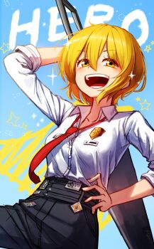 1girl 99dulgi absurdres belt black_pants blonde_hair blue_sky collared_shirt commentary_request don_quixote_(project_moon) english_text floating_neckwear hand_on_own_hip highres holding holding_sword holding_weapon korean_commentary limbus_company looking_at_viewer necktie open_mouth pants project_moon red_necktie shirt sky smile solo sparkle standing star_(symbol) sword teeth weapon white_shirt yellow_eyes