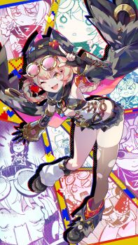 &gt;_&lt; anger_vein angry animal_ear_headwear beanie belt black_cape black_hat black_nails black_shoes black_shorts blank_eyes blonde_hair braid braided_hair_rings cape center_opening cross-laced_clothes detached_sleeves emphasis_lines fake_animal_ears full_body genshin_impact gloom_(expression) goggles goggles_on_head hair_between_eyes hair_rings hat highleg highleg_leotard highres icedango_(dpopic3) ineffa_(genshin_impact) jahoda_(genshin_impact) leotard leotard_under_clothes light_blush looking_at_viewer multiple_girls nefer_(genshin_impact) o_o one_eye_closed open_mouth pink-tinted_eyewear pout prosthesis prosthetic_arm rectangular_mouth scared shaded_face shoes short_shorts shorts single_thighhigh sleeping smile star-shaped_pupils star_(symbol) sweatdrop symbol-shaped_pupils thighhighs thighs tinted_eyewear torn_clothes torn_shorts torn_thighhighs v-shaped_eyes white_leotard yellow_eyes zzz