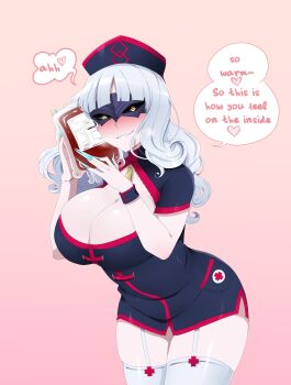 1girl biting blood blood_bag blue_nails blunt_bangs blush bracelet breasts carmilla_(fate) cleavage commission curvy eye_mask fate/grand_order fate_(series) hat heart highres jewelry large_breasts long_hair mask miniskirt nashirasauce nurse nurse_cap skirt spoken_heart thighhighs unzipped very_long_fingernails white_hair yellow_eyes zettai_ryouiki