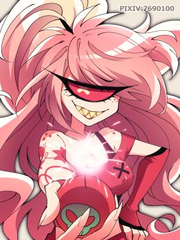 1girl :d arm_tattoo asymmetrical_gloves bare_shoulders belt black_belt black_trim body_freckles bra_strap breasts cherri_bomb cleavage colored_sclera colored_teeth commentary_request cyclops elbow_gloves fewer_digits fingerless_gloves fingernails freckles gloves grey_background grin hair_tie hand_on_own_hip hazbin_hotel hellaverse high_ponytail highres long_hair looking_at_viewer medium_breasts menattou mismatched_gloves off-shoulder_shirt off_shoulder one-eyed open_mouth pink_hair pixiv_id ponytail red_gloves red_sclera red_shirt sharp_fingernails sharp_teeth shirt short_sleeves shoulder_freckles simple_background single_bare_arm single_elbow_glove smile solo star_(symbol) swept_bangs tattoo teeth upper_body very_long_hair yellow_eyes yellow_teeth