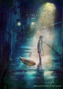 1girl aqua_hair artist_name bare_arms bare_legs bare_shoulders barefoot cellphone clip_studio_paint_(medium) commentary commentary_request copyright_notice dress earphones english_commentary facing_up from_side hatsune_miku highres holding holding_phone in_the_rain_(vocaloid) lamppost long_hair milktea_0021 mixed-language_commentary night orange_umbrella outdoors phone rain road short_dress sidelocks sleeveless sleeveless_dress smartphone solo song_name spotlight standing street twintails umbrella very_long_hair vocaloid watermark white_dress wide_shot