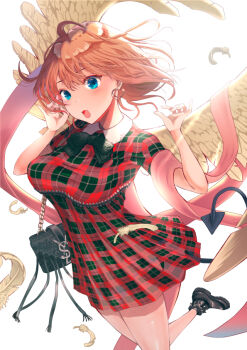 Rule 34 | 1girl, :o, angel, angel wings, bad proportions, bag, black bow, black bowtie, black shoes, blue eyes, bow, bowtie, breasts, demon tail, dress, earrings, feathers, handbag, hands up, jewelry, medium breasts, original, pink ribbon, plaid clothes, plaid dress, ribbon, shoes, tail, tanaka mamoru (arxelhea0110), white wings, wings