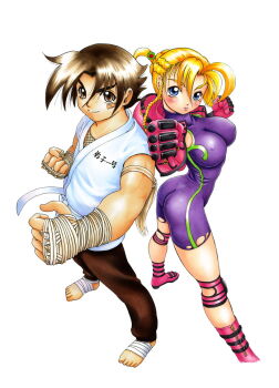 1boy 1girl ass blonde_hair blue_eyes blush bodysuit braid braided_bun breasts brown_eyes brown_hair clenched_hands closed_mouth commentary_request covered_erect_nipples crown_braid dougi fighting_stance full_body fuurinji_miu gloves hair_bun impossible_clothes jacket japanese_clothes karate_gi kimono large_breasts looking_at_viewer matsuena_shun mole mole_under_eye official_art open_clothes pants pink_gloves pink_jacket purple_bodysuit shijou_saikyou_no_deshi_ken'ichi shirahama_ken'ichi short_hair simple_background skin_tight sleeveless sleeveless_kimono smile standing thighs torn_clothes torn_unitard unitard v-shaped_eyebrows white_dougi