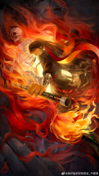 1boy absurdres aura baozaifanhaohaochixianding_buyaobao black_eyes black_hair black_hanfu burning chenqing_flute chinese_clothes closed_mouth dizi energy fighting_stance fire flute flute_tassel from_side hair_ribbon hanfu highres holding holding_flute holding_instrument holding_weapon instrument long_hair long_sleeves looking_at_viewer looking_back male_focus modao_zushi profile red_ribbon red_sash ribbon robe sash skeleton skull smile solo stairs standing tassel transverse_flute very_long_hair watermark weapon wei_wuxian weibo_watermark yaopei