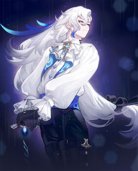 1boy ascot black_boots black_bow black_gloves black_pants blue_hair blue_sash boots bow brooch cane chinese_commentary closed_mouth commentary_request cowboy_shot frilled_sleeves frills genshin_impact gloves hair_between_eyes hair_bow hand_on_cane highres jewelry long_hair long_sleeves looking_to_the_side low-tied_long_hair male_focus mondlc multicolored_hair neuvillette_(genshin_impact) own_hands_together pants puffy_long_sleeves puffy_sleeves purple_eyes rain sash shirt solo standing streaked_hair thigh_boots white_ascot white_hair white_shirt