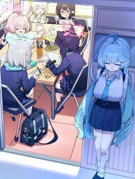 6+girls absurdres ahoge animal_ears arms_behind_back arms_on_table assault_rifle ayane_(blue_archive) bag bandage_on_leg black_hair blonde_hair blue_archive blue_hair blue_halo blue_jacket blue_necktie blue_ribbon blue_scarf blue_skirt book breasts capry cat_ears cat_girl chair closed_eyes closed_mouth commentary_request cup desk dress_shirt extra_ears fang foreclosure_task_force_(blue_archive) glasses green_halo grey_hair gun hair_ribbon halo head_rest highres holding holding_gun holding_tablet_pc holding_weapon hoshino_(blue_archive) huge_ahoge indoors intentionally_missing_halo jacket lanyard large_breasts long_hair loose_necktie missing_halo multiple_girls necktie nonomi_(blue_archive) open_mouth paper pink_hair pink_halo pleated_skirt pointy_ears red-framed_eyewear ribbon rifle scarf school_bag serika_(blue_archive) shell_casing shiroko_(blue_archive) shirt short_hair sig_sauer_556 sitting skirt smile spoilers tablet_pc twintails very_long_hair weapon white_shirt wolf_ears wolf_girl yume_(blue_archive)