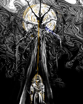 1boy 1other abstract absurdres black_hair black_robe black_tunic blood bloody_tears extra_arms height_difference highres horns ignoramoose mask messy_hair outstretched_arms robe shadow_slave short_hair sun_behind_head sunny_(shadow_slave) tunic weaver_(shadow_slave) yellow_blood